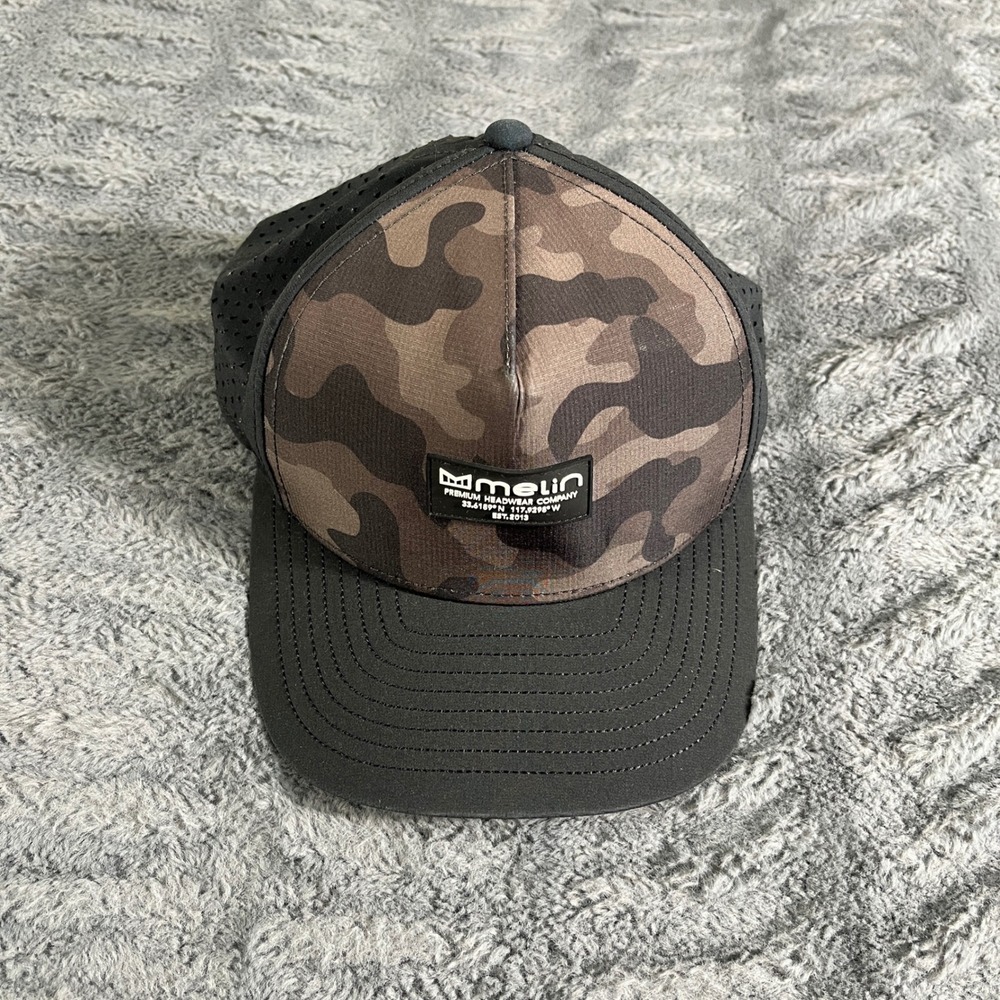 Melin Odyssey Hydro Camo Snapback Hat Black Camouflage Performance Trucker Cap